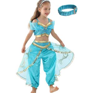 Joya Kids® Jasmine Verkleed Kostuum | Arabische prinsessen jurk | Aladdin | Maat 146-152 (150) + Jasmine Haarband | Cadeau meisje Sinterklaas