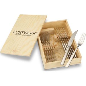ECHTWERK steakbestekset ""SARRE"" 12 delig 18/10 RVS gepolijst incl. houten cassette
