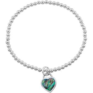 Zilveren armband dames | Zilveren armband van elastiek met zilveren bolletjes en hanger Abalone hart