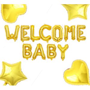 Folie ballon letters Welcome Baby + 2 sterren + 2 harten goud - babyshower - genderreveal - geboorte - welcom - baby - folie - ballon - goud