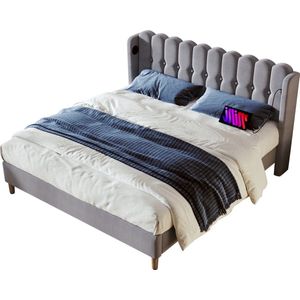 Merax Gestoffeerd Tweepersoonsbed Inclusief Koudschuim Matras en USB Type-C Oplaadfunctie - 160x200 cm Bedframe met Lattenbodem - Grijs