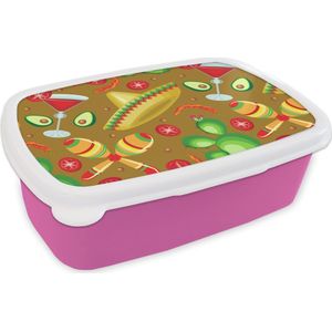 Broodtrommel Roze - Lunchbox - Brooddoos - Mexico - Sombrero - Patronen - 18x12x6 cm - Kinderen - Meisje
