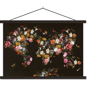 Wanddecoratie - Wereldkaart - Bloemen - Vlinder - Zwart - Schoolplaat - 60x40 cm - Textielposter - Textiel poster