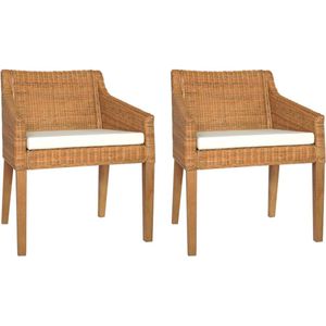 The Living Store Rattan Eetkamerstoelen - Lichtbruin - 60x60x79 cm - Dik gevoerde kussens