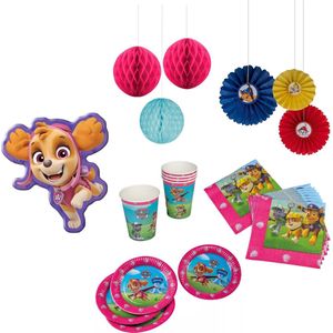 Paw Patrol - Feestpakket - Kinderfeest - Feestversiering - Verjaardag - Bordjes - Bekers - Servetten - Waaier plafonddecoratie - 2 kleuren Honeycomb hangdecoratie - Helium ballon - Roze.
