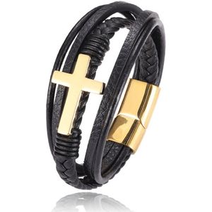 Armband Heren - Zwart Leer met Goud kleurig Kruis - 23cm - Leren Armbanden - Cadeau voor Man - Mannen Cadeautjes Accesoires