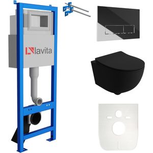 LAVITA® Inbouwreservoir Complete Toiletset LAV 101 - Inbouw WC Hangtoilet Wandcloset BRAVA BLACK Zwart Mat - Bedieningsplaat 200.3.2 Chroom - Voorwandelement voor toilet 40cm - Installatiesysteem