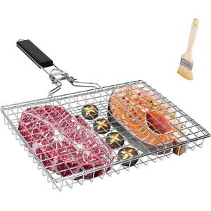 BBQ Grill Mand Vis - Opvouwbare RVS Grilling Mand met Handvat - Draagbare Outdoor Camping BBQ Rack voor Barbecue Groenten - Barbecue Griller Gereedschap