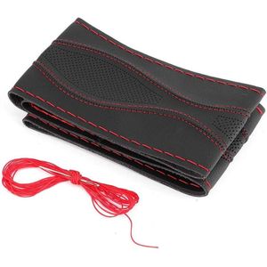 38 cm/15 inch Lederen Stuurwiel Wrap Cover - Hand Stiksels Reliëf - Zwart en Rood .