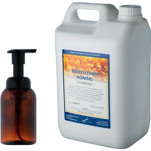 Zeepdispenser 300 ml amber bruin hervulbaar + 5 liter Bodylotion Honing navulling