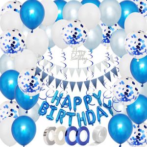 Joya Party® Compleet Blauw Verjaardagsversieringspakket | Blauwe & Witte Helium Ballonnen | Verjaardag Versiering | Happy Birthday Slingers | Ballon feestpakket | 53 stuks
