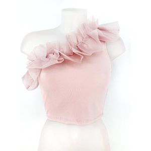 Ruffle crop top - Roze - One shoulder top - Korte top - Zonder mouwen - Ruffle rand halslijn - Lichtroze - One-size - Een maat