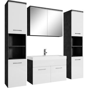 Badplaats Badkamermeubel Set Paso XL 80 x 40 cm - Donker grijs met Hoogglans Wit - Badmeubel met spiegelkast en zijkasten