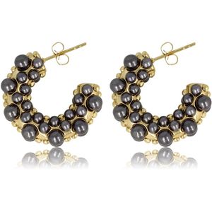 Zwarte parel oorbellen goud 23mm - Gouden oorring versierd met zwarte parels - Met luxe cadeauverpakking