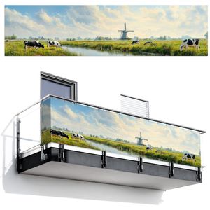 Balkonscherm 500x130 cm - Balkonposter Koeien - Windmolen - Weide - Blauw - Balkon scherm decoratie - Balkonschermen - Balkondoek zonnescherm