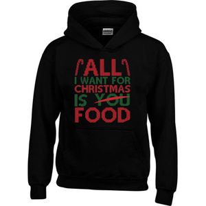 Hoodie - All I Want For Christmas Is Food - Kerst - Foute Kerst Trui - Tekst - Zwart - Unisex - Maat XS