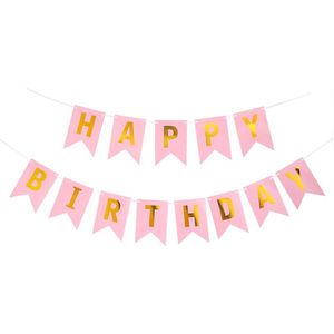 BORVAT Happy Birthday Achtergrond - Roze en Gouden Letters - 250 cm - 15 * 12 cm - Verjaardagsfeestje Kinderen - Vlaggen