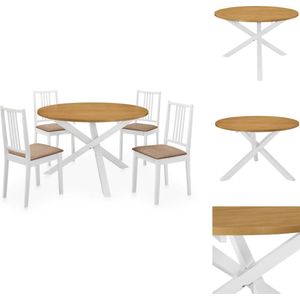 vidaXL Eettafelset - Vierdelig - Wit en bruin - 120 x 75 cm - Massief rubberwood - Inclusief kussens - Set tafel en stoelen
