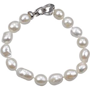 Zoetwaterparel armband Big Round Pearl - echte parels - handgeknoopt - wit - zilver