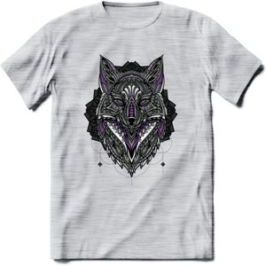 Vos - Dieren Mandala T-Shirt | Paars | Grappig Verjaardag Zentangle Dierenkop Cadeau Shirt | Dames - Heren - Unisex | Wildlife Tshirt Kleding Kado | - Licht Grijs - Gemaleerd - XL