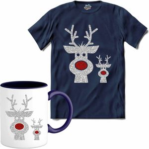 Kerst rendier buddy's glitter - T-Shirt met mok - Meisjes - Navy Blue - Maat 12 jaar