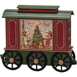 LED Watergevulde sneeuwlantaarn Treinwagon met Kinderen en kerstboom | rood / groen | 24 x 19,5 cm | op batterij of USB kabel | kerstverlichting