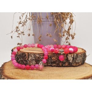 Handgemaakte Fatema natuursteen armband met natuursteen hanger "" Banded Agaat Magenta roze "" - 10 mm diameter van de korrel- Diameter armband 20 cm - Een mooi cadeau voor familie en vrienden