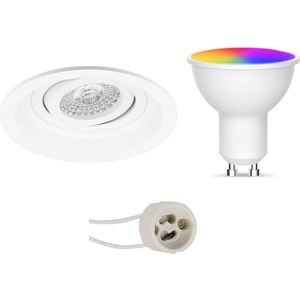 LED Spot Set GU10 - Facto - Smart LED - Wifi LED - Slimme LED - 5W - RGB+CCT - Aanpasbare Kleur - Dimbaar - Afstandsbediening - Pragmi Domy Pro - Inbouw Rond - Mat Wit - Verdiept - Kantelbaar - Ø105mm