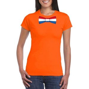 Oranje t-shirt met Hollandse vlag strikje dames -  Oranje Koningsdag/ Holland supporter kleding XS