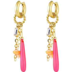 Joy Ibiza - pendel pegel bedel oorbellen - oorringen met rechthoek zirkonia zeeschelpje hanger - kettinkjes - roze - klap scharnier - ear party boho - bohemian style - stainless steel - ip/pvd goldplated