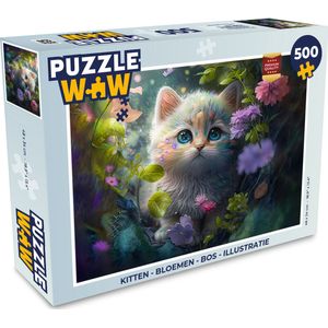 Puzzel Kitten - Bloemen - Bos - Illustratie - Poes - Legpuzzel - Puzzel 500 stukjes