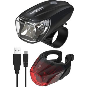 StVZO-goedgekeurde fietsverlichtingsset - oplaadbaar via USB - CREE LED - regenbestendig - eenvoudige montage - afneembaar - koplamp en achterlicht