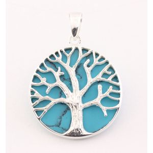 Ronde zilveren hanger met levensboom op blauwe turkoois