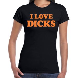 Bellatio Decorations Foute party t-shirt dames - I love dicks - zwart - glitter oranje - themafeest M