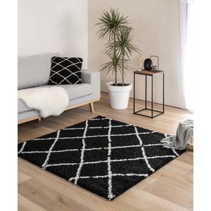 Vierkant hoogpolig vloerkleed ruiten Artisan - zwart/wit 160x160 cm