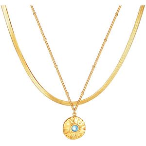 Marama - ketting Aivy - goud - stainless steel - damesketting - 2 laags - hangers - 18k gold plated - blauw steentje