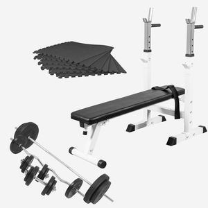 Gorilla Sports Halterbank Wit met 100 kg halterset - Fitnessbank - Verstelbaar - Halterstang met gewichten - Puzzelmat