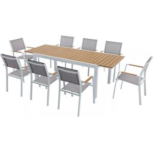 Vente-unique Tuineetset van aluminium en polywood: een verlengbare tafel L170/230 cm en 8 opstapelbare fauteuils - Licht naturel en grijs - MACILA van MYLIA L 230 cm x H 90 cm x D 90 cm