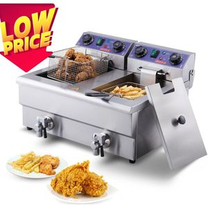 Verkoop Nederland® - Friteuse Dubbel - Met Dubbele Tanks - Roestvrijstalen Friteuse - Met timer - Met filter - 2 x 6 liter - Tot 200°C - 2 x 1500 watt - Koude zone - Aftapkraan - RVS