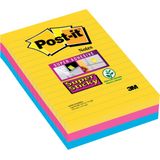 Post-it® Super Sticky Notes, Kleurenset Rio, Canary Yellow™, Mediterraan blauw, Fuchsia - Gelijnd - 3 blokken