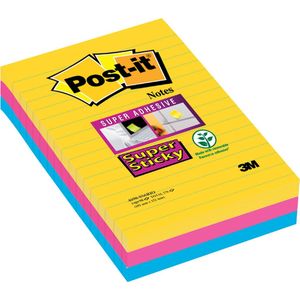 Post-it® Super Sticky Notes, Kleurenset Rio, Canary Yellow™, Mediterraan blauw, Fuchsia - Gelijnd - 3 blokken