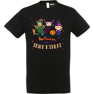 T-shirt kinderen Halloween TrickrTreat | Halloween kostuum kind dames heren | verkleedkleren meisje jongen | Zwart | maat 104