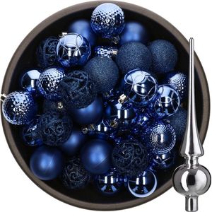 Decoris Kerstballen - 37x stuks - 6 cm - kobalt blue - kunststof - incl. glazen piek glans zilver