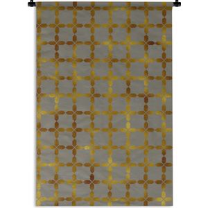 Wandkleed Luxe patroon - Luxe patroon van vierkanten met gouden details op een grijze achtergrond Wandkleed katoen 90x135 cm - Wandtapijt met foto