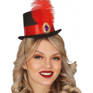 Guirca Carnaval verkleed mini hoge hoed voor diverse thema's - zwart/rood - veertje - dames