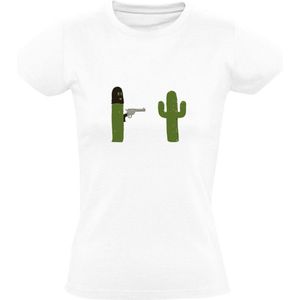Cactus met geweer Dames T-shirt | wilde westen | gangster | woestijn | boef | Wit