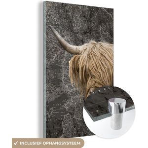 MuchoWow® Glasschilderij 120x180 cm - Schilderij acrylglas - Schotse hooglander - Koeien - Wereldkaart - Foto op glas - Schilderijen