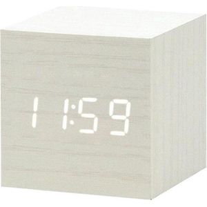 Houten wekker Kubus - Wit - Digitale wekker - Thermometer - Dimbaar – Cube klok clock - Gratis Adapter - Draadloos