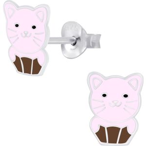 Joy|S - Zilveren cupcake kat poes oorbellen - roze