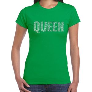 Glitter Queen t-shirt groen met steentjes/ rhinestones voor dames - Glitter kleding/ foute party outfit M